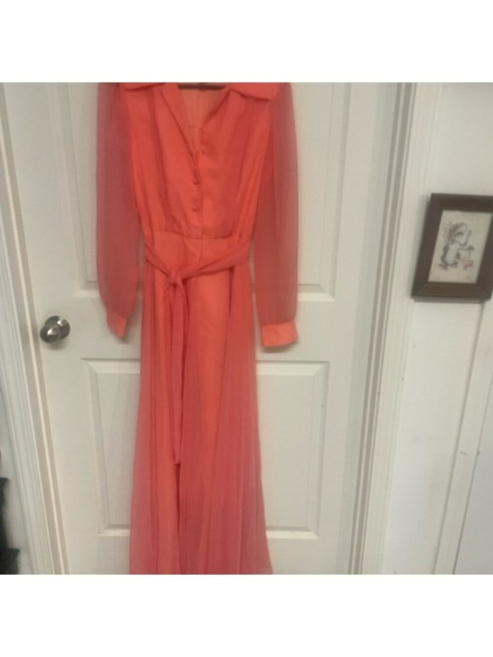 Vintage 70’s Floor Length Coral/Peach Long Sleeve Dress-10-with fixable flaws